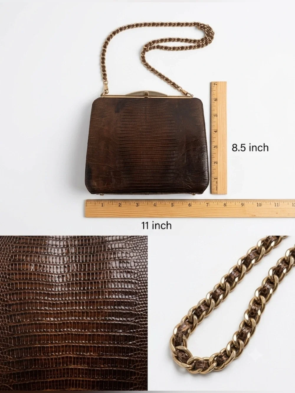 Vintage Brown Lizard-Textured Shoulder Bag with Gold Chain